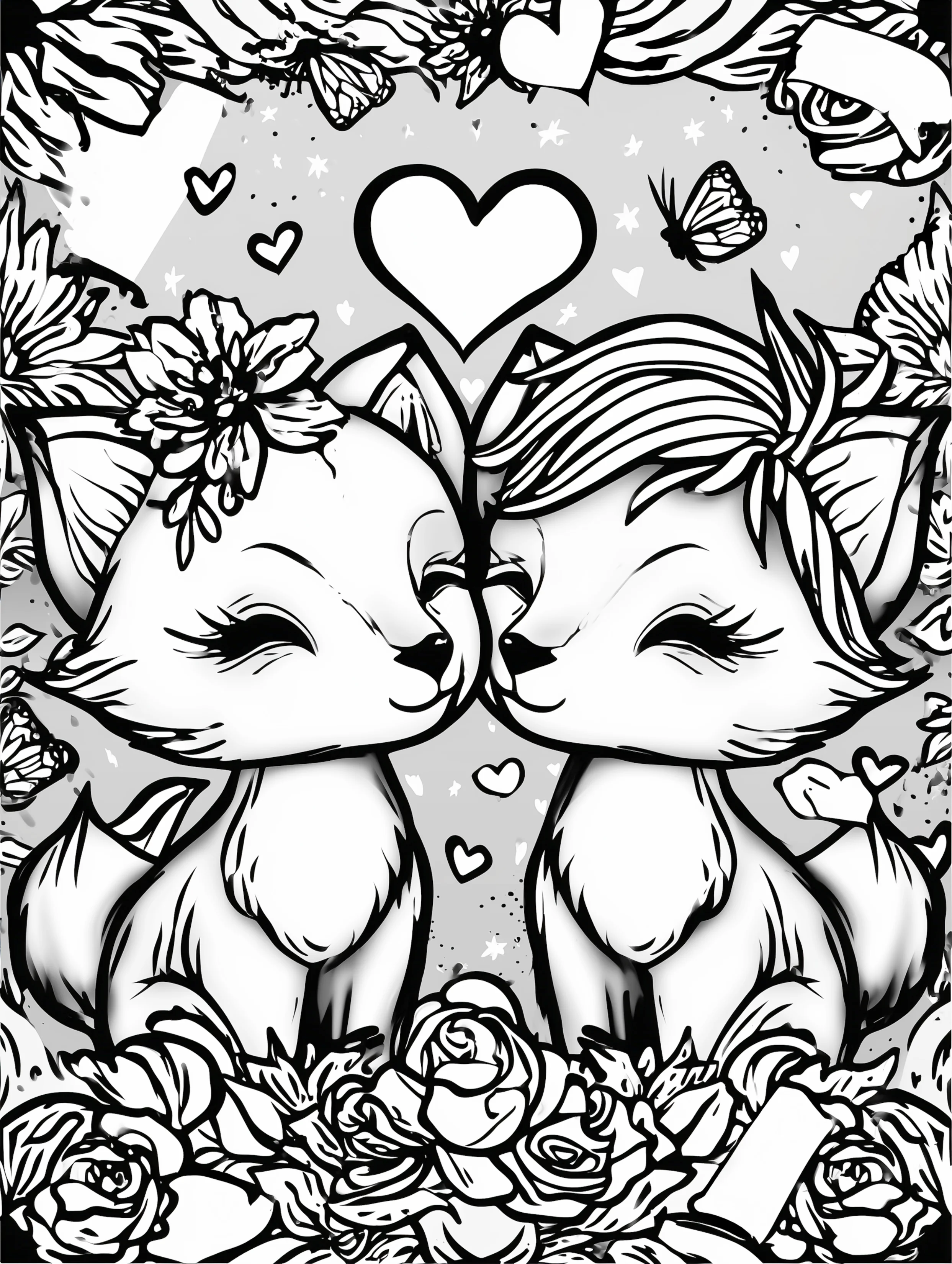 Free printable valentines coloring pages for adults featuring nuzzling foxes
